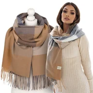 Apaszki i szaliki damskie - Szalik damski szal duży długi stylowy ciepły modny zimowy Rovicky premium w kratkę beżowy szary - miniaturka - grafika 1