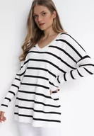 Swetry damskie - Biały Oversizowy Sweter w Paski z Trójkątnym Dekoltem Darivia - miniaturka - grafika 1