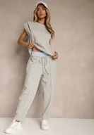 Dresy damskie - Szary Komplet Dresowy z Wiskozą Spodnie z Ozdobnym Ściągaczem i Top Nitunela - miniaturka - grafika 1