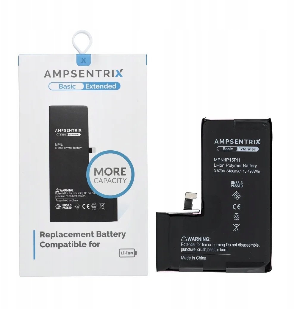 AmpSentrix Basic bateria do iPhone 15 PRO zwiększona pojemność