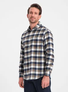 Klasyczna flanelowa męska koszula bawełniana w kratę - brązowo-granatowa V1 OM-SHCS-0157 - Ombre Clothing - Koszule męskie - miniaturka - grafika 1