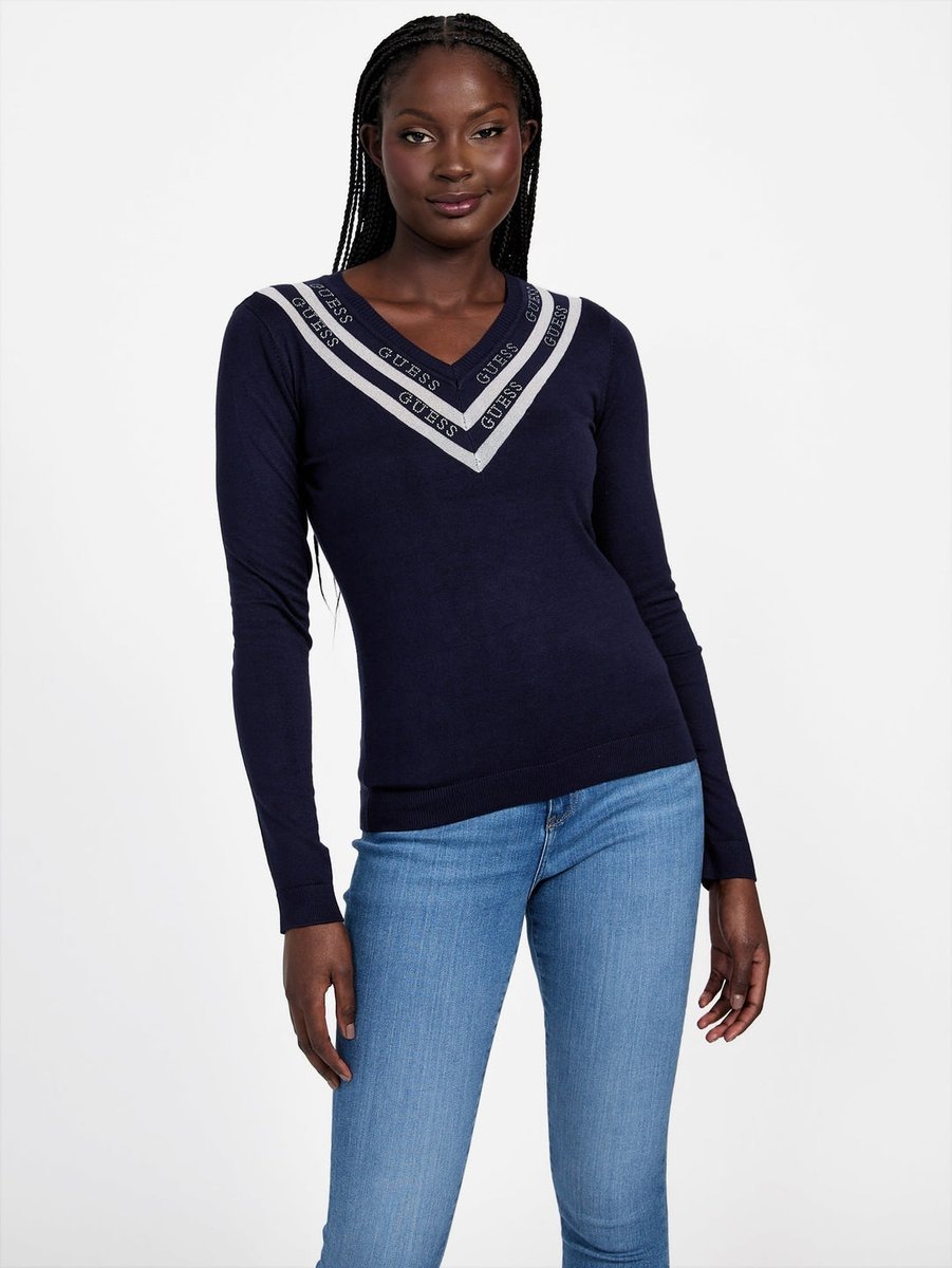 GUESS GRANATOWY SWETER DAMSKI Z DEKOLTEM W SEREK M 1GŁA