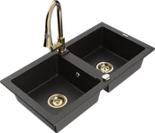Zlewozmywaki z baterią - Mexen Mario zlewozmywak granitowy 2-komorowy z baterią kuchenną Elia, czarny/złoty metalik - 6504-75-670101-50 - miniaturka - grafika 1