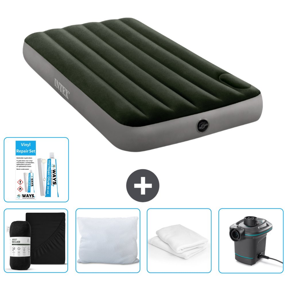 Dmuchane łóżko Intex - 1 osoba - 99 x 191 x 25 cm - zielone - prześcieradło - całowanie - pompka - zestaw naprawczy en ochraniacz na poduszkę