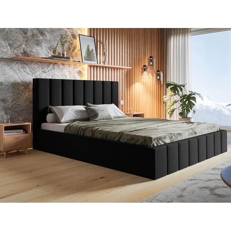 Łóżko tapicerowane SIM 10 z wezgłowiem, 160x200 cm, łóżko podwójne z podstawą łóżka i stelażem z listew drewnianych, tkanina welurowa, kolor: czarny