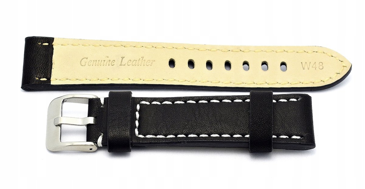 Pasek skórzany do zegarka W48 - PREMIUM - czarny/białe - 22mm