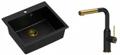 Zlewozmywaki z baterią - Quadron Zlewozmywak granitowy jednokomorowy 57*50*22 cm MORGAN 110 PURE CARBON czarny ze złotym odpływem z baterią ANGELINA Q LINE PURE CARBON z wyciąganą wylewką kolor czarny mat/wykończenie złote - miniaturka - grafika 1