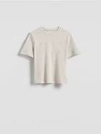 Koszulki i topy damskie - Reserved - T-shirt z haftowanym napisem - beżowy - miniaturka - grafika 1