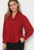 Bluzki damskie - Bordowa Bluzka z Krawatką i Plisowanymi Rękawami Woldu - miniaturka - grafika 1