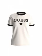 Koszulki sportowe damskie - Damski t-shirt z nadrukiem Guess Caryl SS T-shirt - kremowy - GUESS - miniaturka - grafika 1