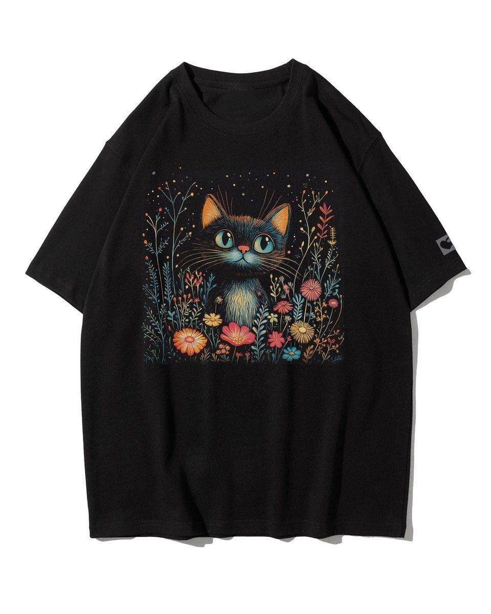 Koszulka oversize Słodki Kot w Kwiatach Artystyczny Czarny 3XL