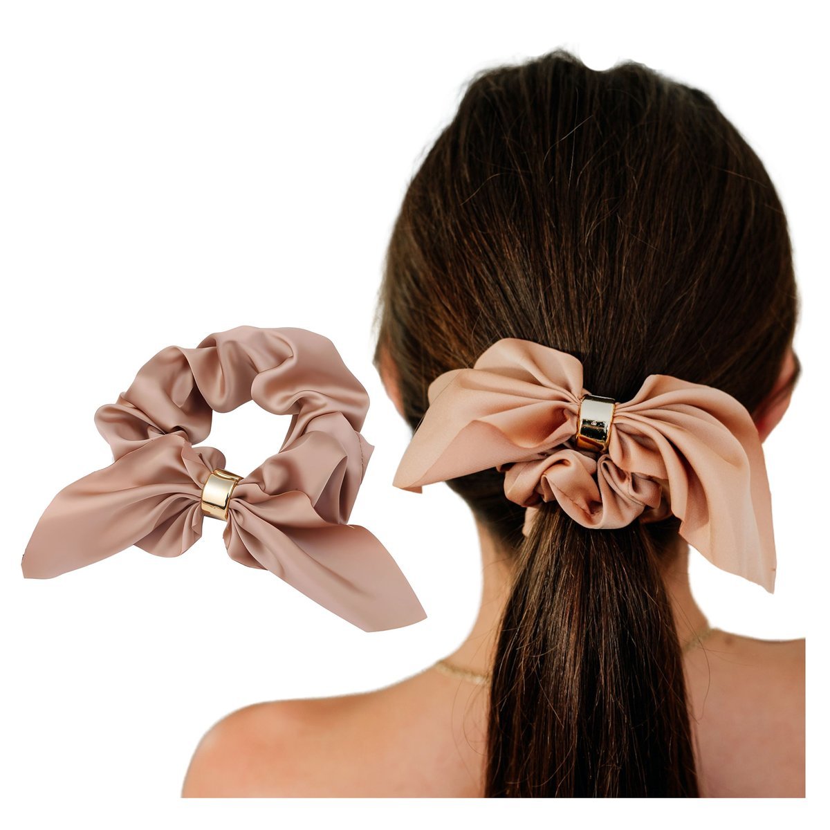 Gumka do Włosów Beżowa Długa Kokarda ze Złotym Pierścieniem Lekka i Wygodna