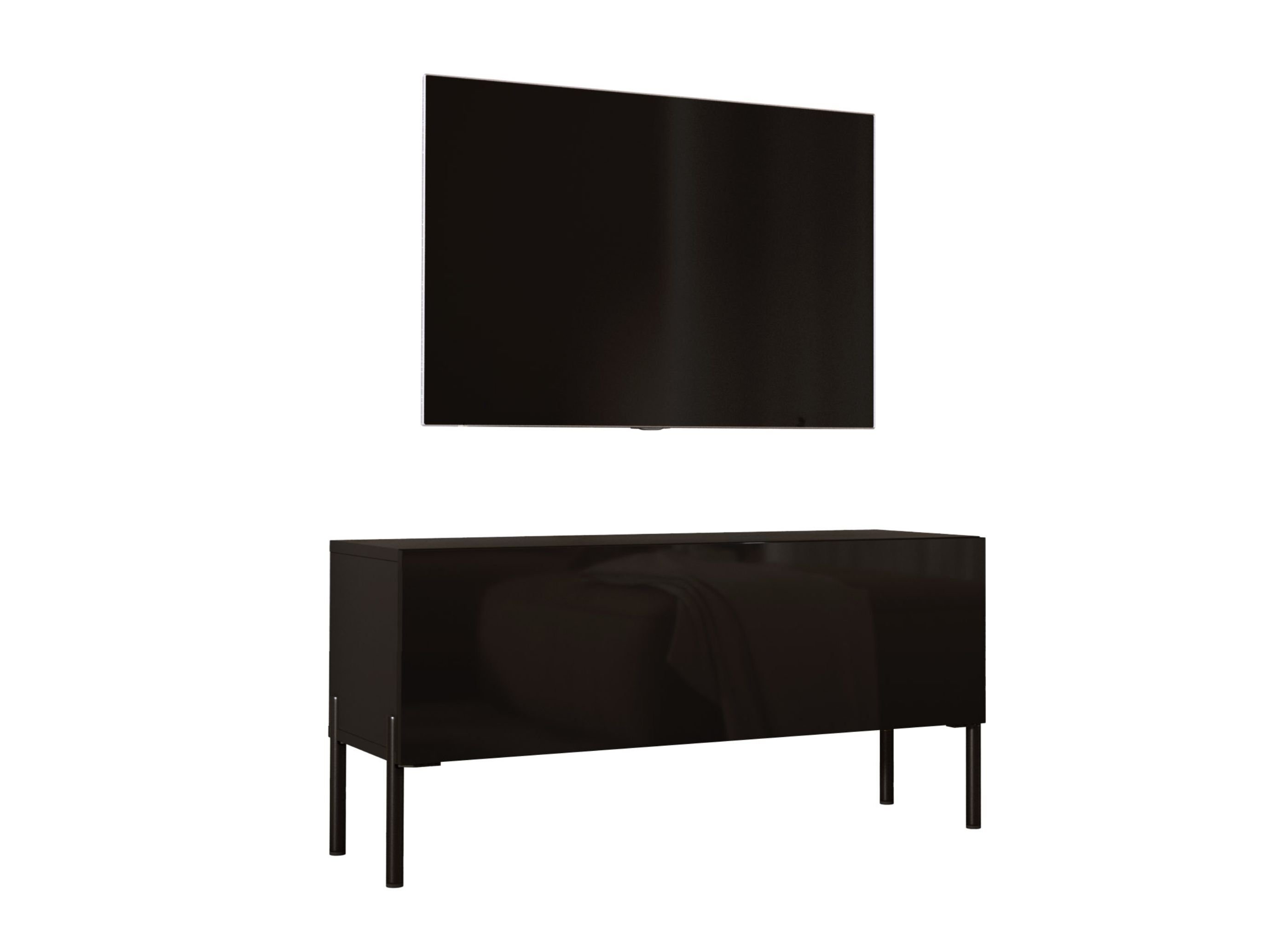 Szafka pod telewizor w kolorze czarnym matowym z nogami w kolorze czarnym, A: szer: 100 cm cm, wys: 52 cm, gł: 32 cm. Meble pod telewizor, stolik pod telewizor, ława pod telewizor