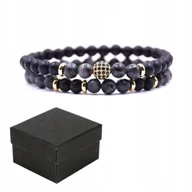 Bransoletki - Zestaw 2 Bransoletek Czarna i Szara Elegancki z Złotym Elementem + Box - miniaturka - grafika 1