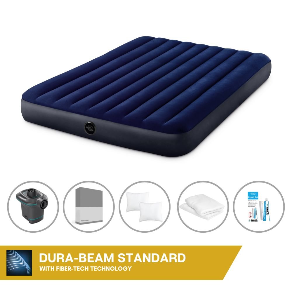 Łóżko dmuchane Intex - 2 osoby - 152 x 203 x 25 cm - Niebieski + pompka elektryczna Intex - 650 litrów/min + prześcieradło antracytowe + poduszka + poszewki Molton 2 w 1 + zestaw naprawczy