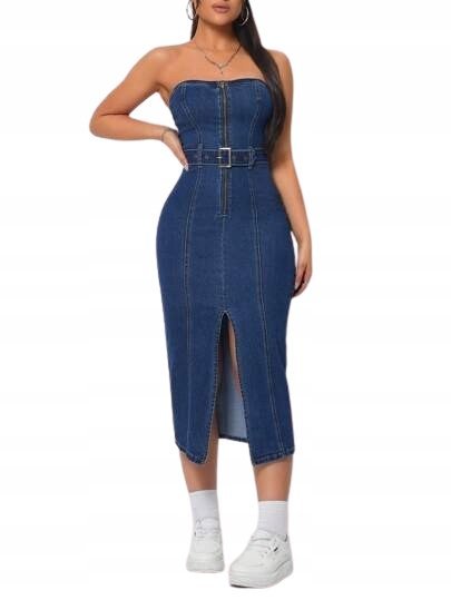 SHEIN GRANATOWA SUKIENKA JEANSOWA BEZ RAMION Z PASKIEM 38 1EF
