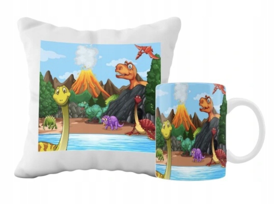ZESTAW PODUSZKA + KUBEK Prezent DINOZAURY T-REX Z DINOZAURAMI + IMIĘ 46