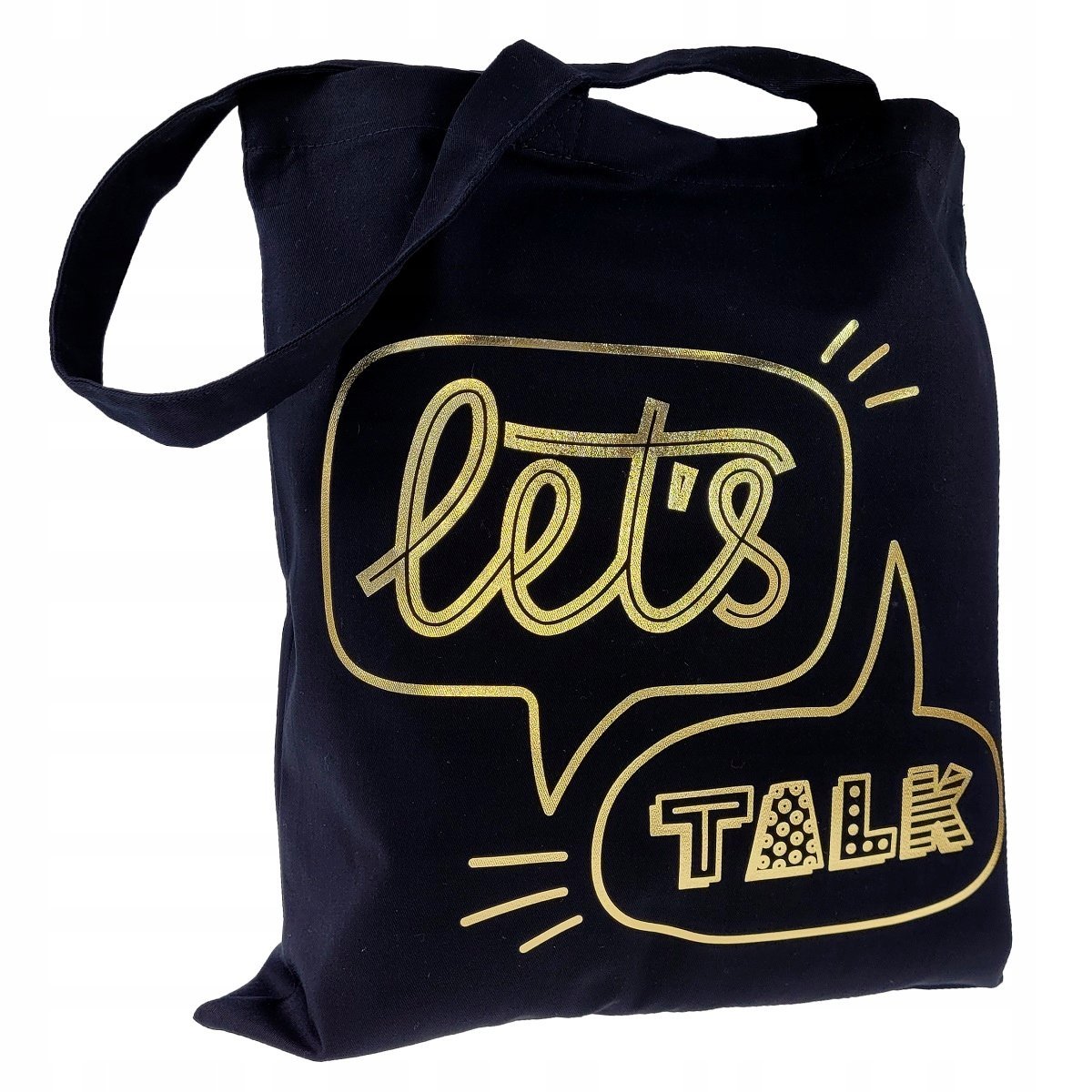 TORBA bawełniana czarna LET'S TALK złoty nadruk torba na zakupy elegancka