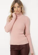 Swetry damskie - Jasnoróżowy Prążkowany Golf z Wiskozą o Dopasowanym Kroju z Odkrytymi Plecami z Wiązaniem Elattia - miniaturka - grafika 1