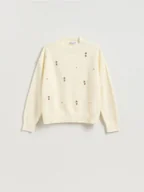 Swetry damskie - Reserved - Sweter z ozdobnymi aplikacjami - kremowy - miniaturka - grafika 1