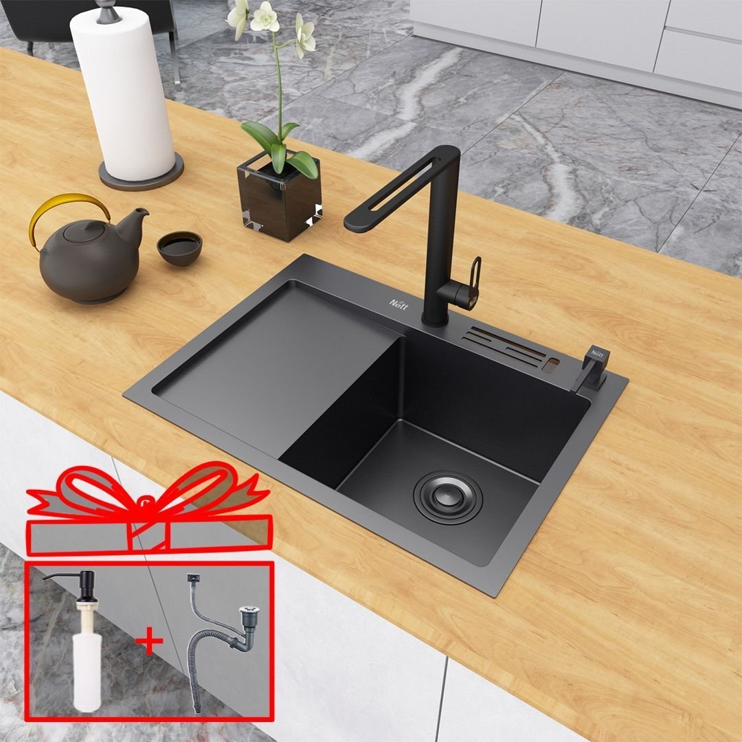 Nett Zlew kuchenny czarny z ociekaczem po lewej stalowy szafki 60 cm NB-6045L 40621