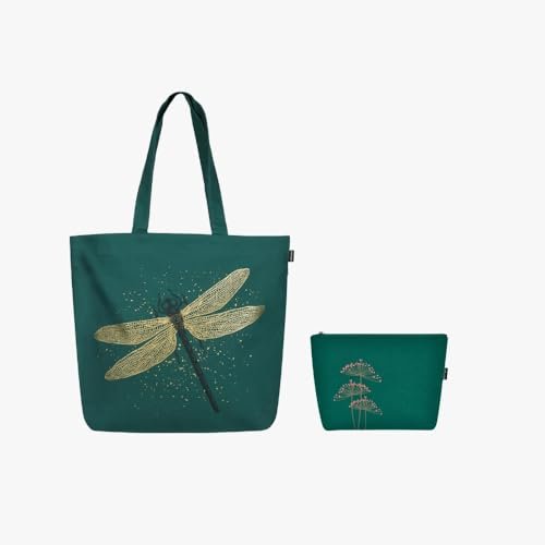 Ecoright duża torba płócienna dla kobiet, zapinana na zamek błyskawiczny, wewnętrzna kieszeń na zakupy, do biura i na co dzień (tote & Cosmetic Pouch), Dragonfly & Rooting For You, jeden rozmiar,