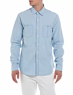 Koszule męskie - Replay Męska koszula dżinsowa z długim rękawem z mieszanki bawełny, 010 Light Blue, XL - grafika 1