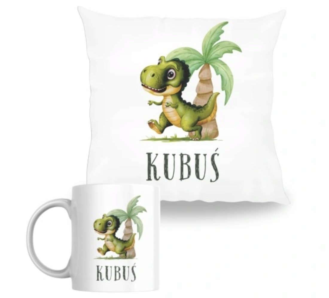 ZESTAW PODUSZKA + KUBEK Prezent DINOZAURY T-REX Z DINOZAURAMI + IMIĘ 45