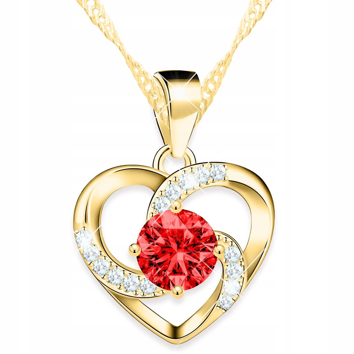 Złoty Naszyjnik Czerwone Serduszko Spirala z Czerwonym Sercem SREBRO 925