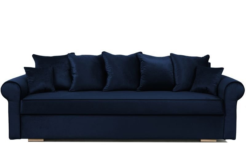Sofa rozkładana VIVIA, sofa z funkcją spania i pojemnikiem na pościel, sofa rozkładana, sofa na chromowanych nóżkach, sofa w kolorze: niebieski, tkanina welurowa