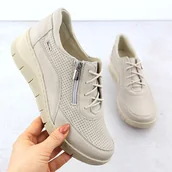 Półbuty damskie - Skórzane półbuty damskie na koturnie perforowane ekri Helios 427 - miniaturka - grafika 1