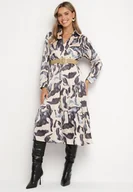 Sukienki - Beżowo-Szara Kopertowa Sukienka w Abstrakcyjny Wzór z Gumką w Talii i Paskiem Zinnitaria - miniaturka - grafika 1