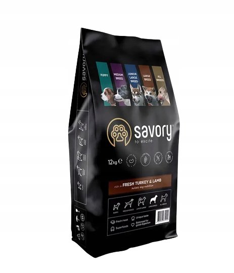 SAVORY KARMA SUCHA Z INDYKIEM Z JAGNIĘCINĄ DLA PSÓW DOROSŁYCH DUŻYCH RAS 12 KG