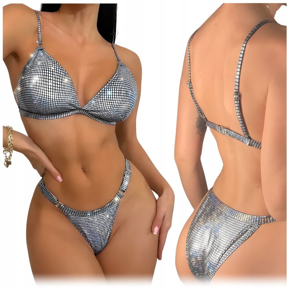 STRÓJ KĄPIELOWY DAMSKI DWUCZĘŚCIOWY BIKINI BŁYSZCZĄCE STRINGI PLUS SIZE XXL