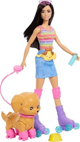 Barbie Jazda na wrotkach Lalka i piesek Zestaw, lalka brunetka na wrotkach, piesek na wrotkach, smycz, okulary przeciwsłoneczne i akcesoria dla pupila, zabawka dla dzieci 3+, JMJ45