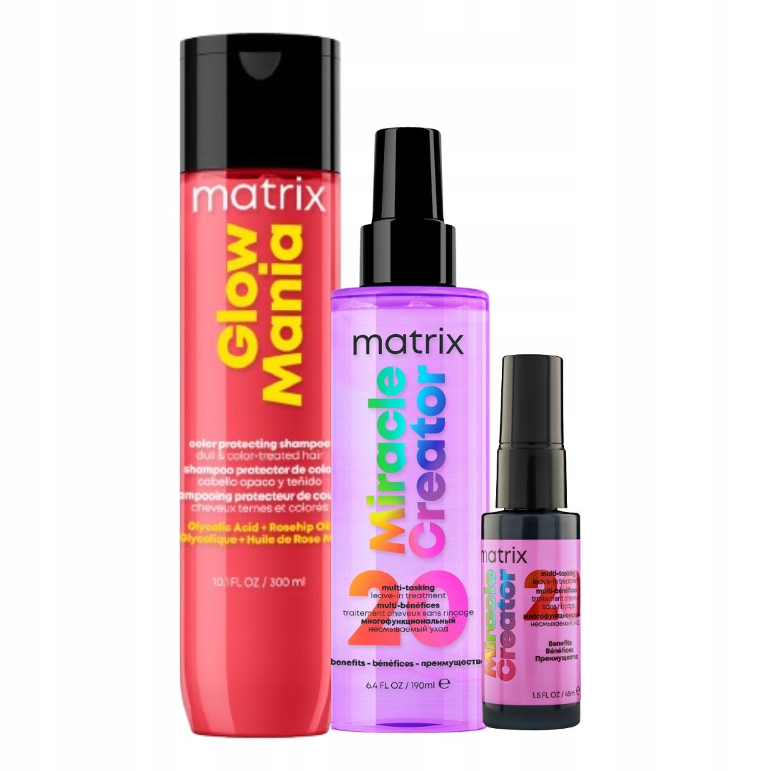 Matrix Glow Mania szampon do włosów farbowanych, Miracle Creator spray 20w1