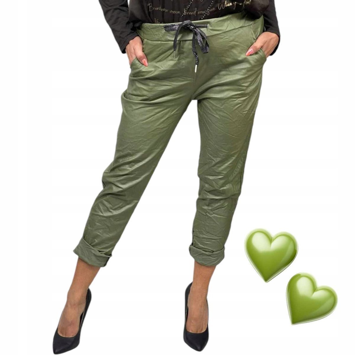 Spodnie gnieciuchy lycra skóra skórki ZIELONE 40 42 L XL MATOWE MILITARNE