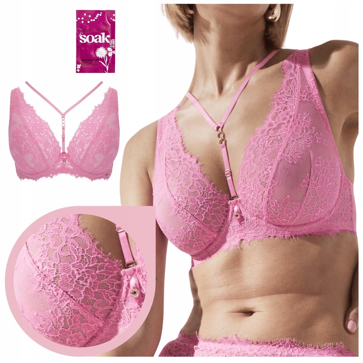 Alles French Kiss M Bralette Biustonosz różowy koronka paseczki strapsy 80D