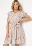 Sukienki - Beżowa Sukienka w Kwiatki z Gumką w Pasie i Materiałowym Paskiem Ozdobiona Falbanką Monnesa - miniaturka - grafika 1