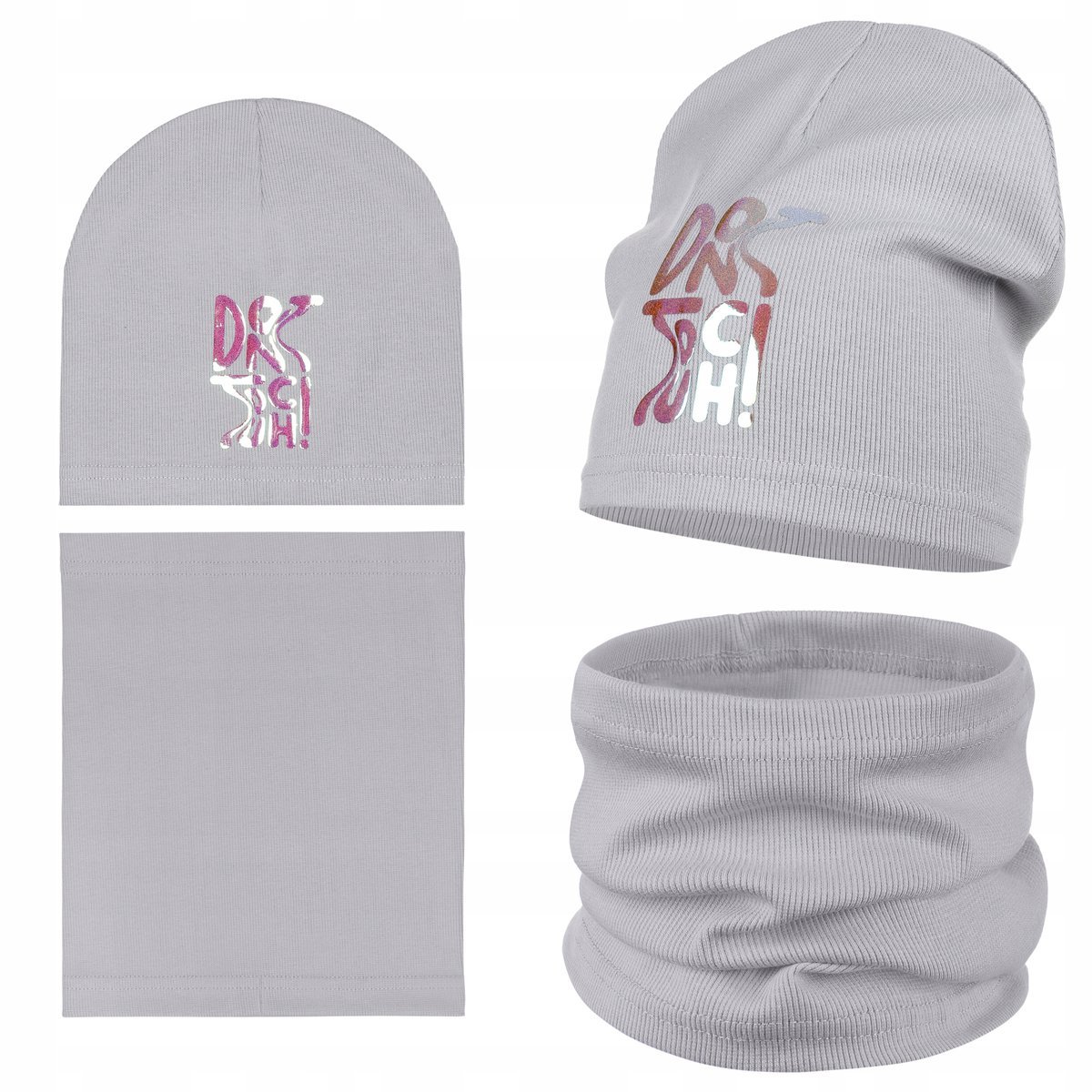 Czapka Komin Tuba Komplet Dziewczęcy Jesienny Błyszczący Napis 48/52 Beż