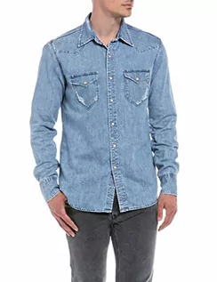 Koszule męskie - Replay Męska koszula dżinsowa Aged z bawełny, 009 Medium Blue, M - grafika 1