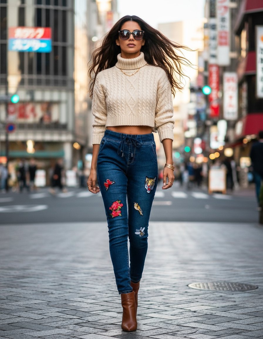 Joggery Jeans Wysoki Stane Artystyczne Naszywki #RED15 30