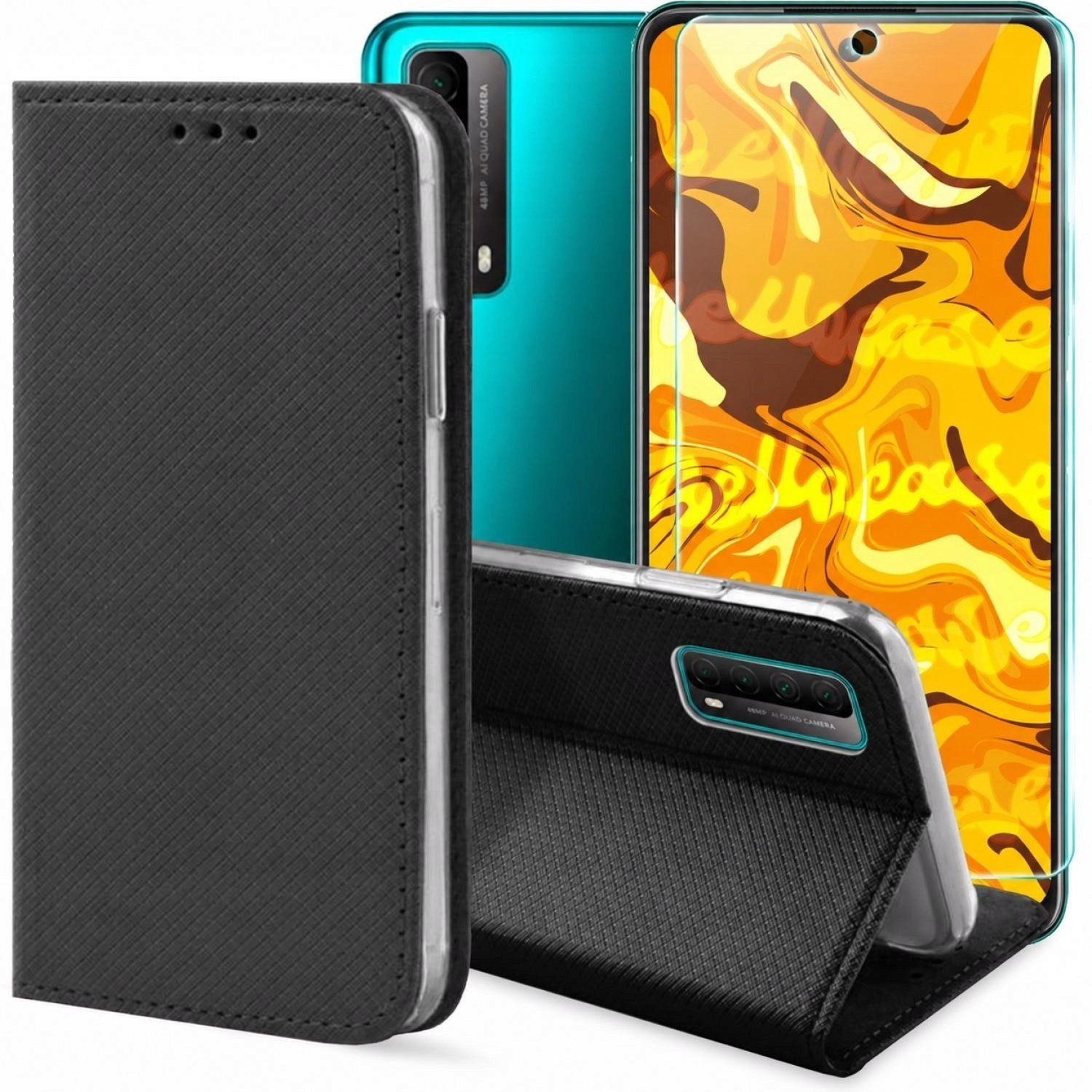 Hello Case Etui z Klapką Do Huawei P Smart 2021 Czarne, Zamykane, Kabura Szkło BNDL0462
