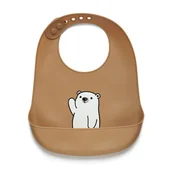 Śliniaki i fartuszki - Silikonowy śliniaczek Brun z kieszonką z wzorem misia, regulowane zapięcie, kolor karmel - miniaturka - grafika 1