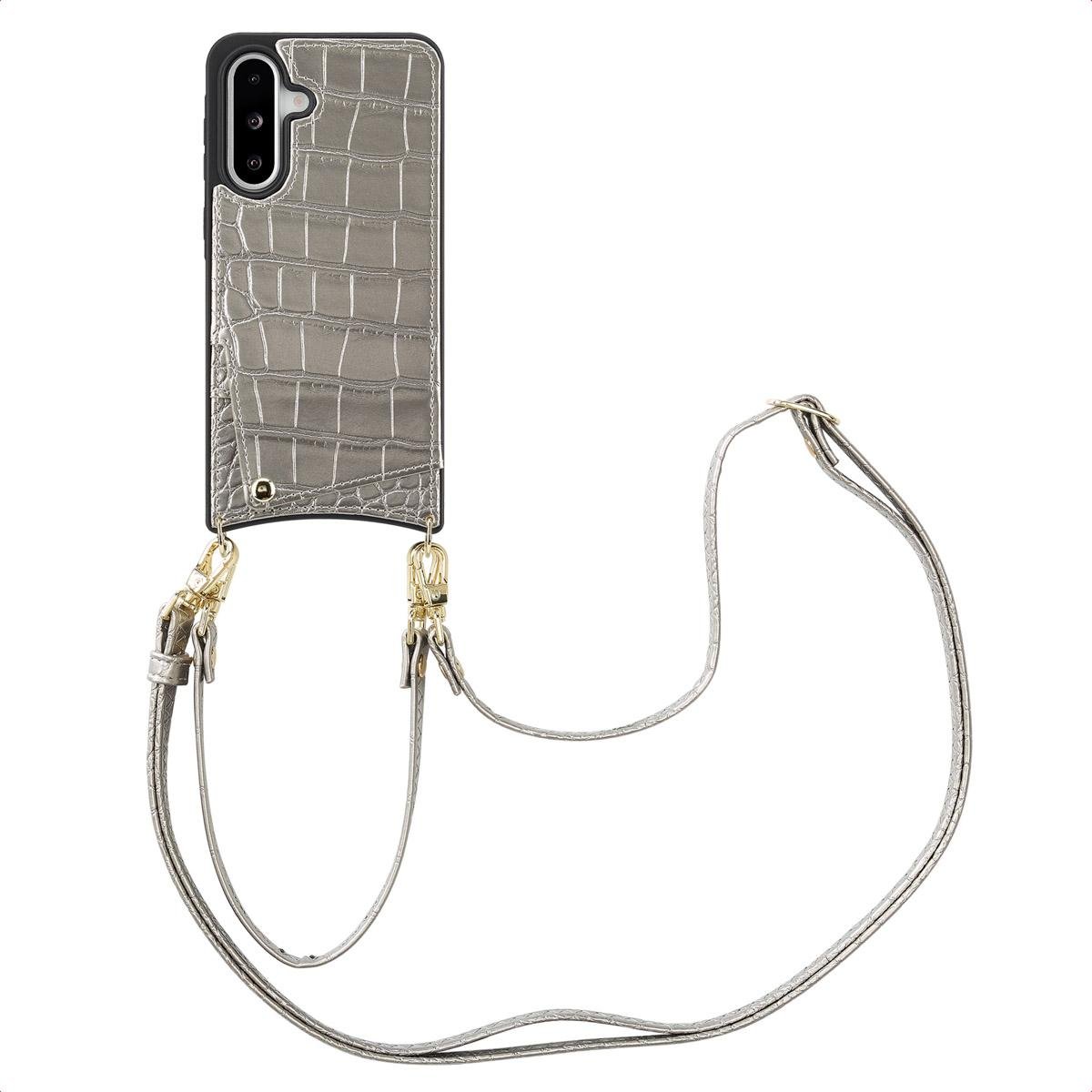 Etui na telefon Selencia Nova Croco ze sznurkiem i uchwytem na kartę do Samsung Galaxy A36 / A56 - srebrny