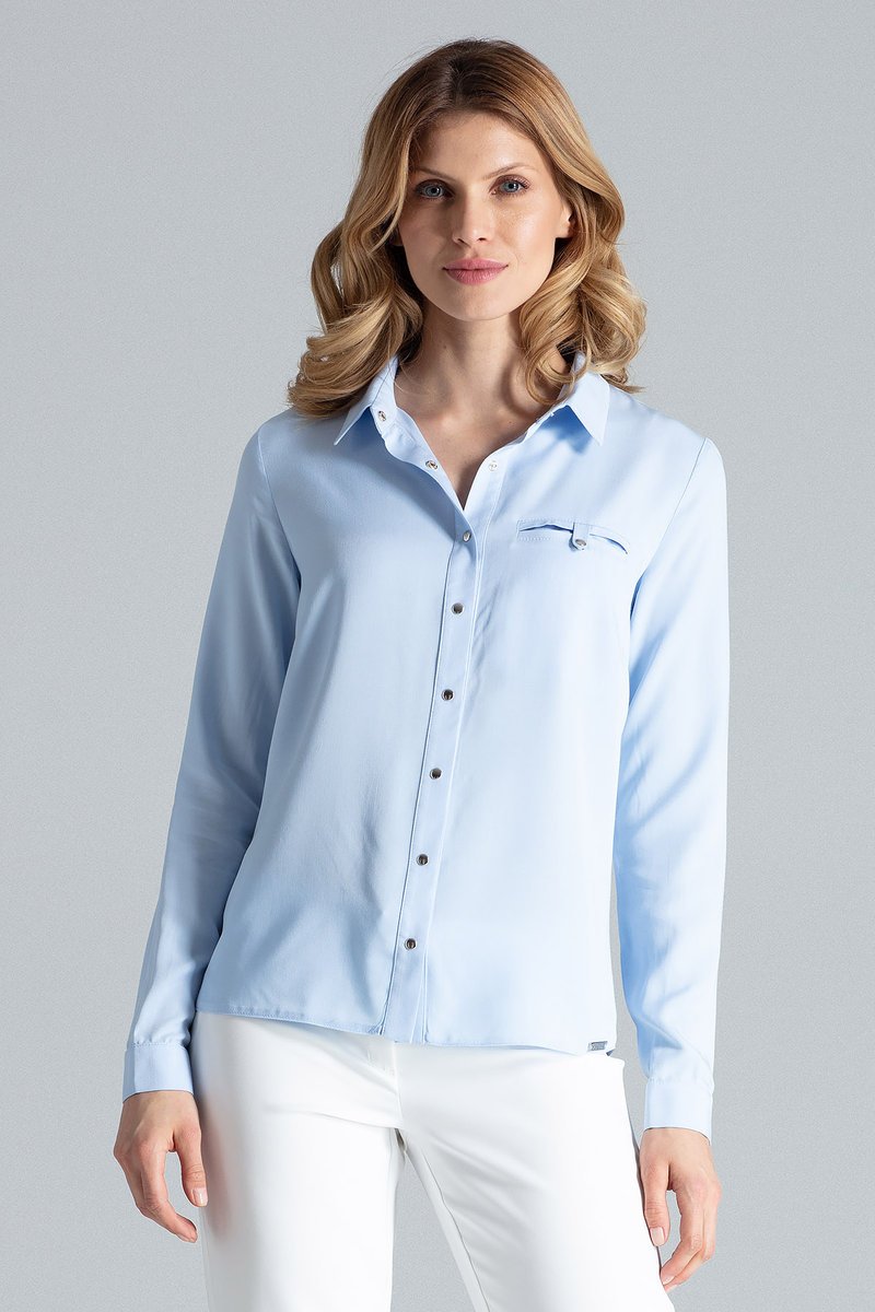 Elegancka koszula damska do pracy z wiskozy Regular Fit z długim rękawem na guziki - M581, błękitna, M