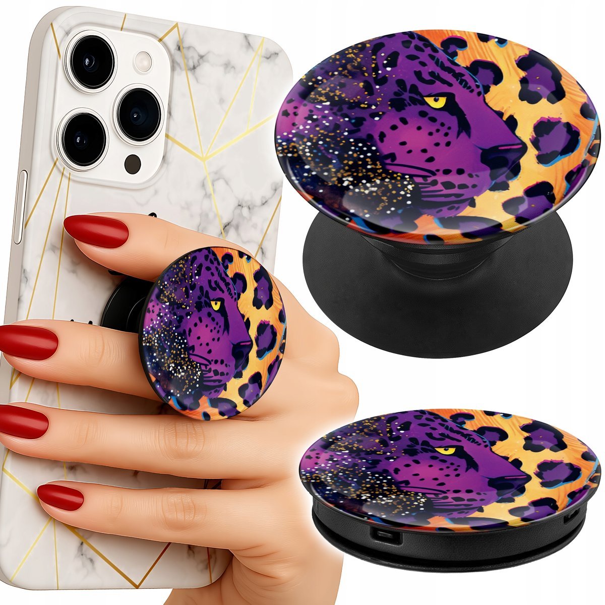 Uchwyt do telefonu Popsocket na palce/stojak PANTERA FIOLETOWA WZORY