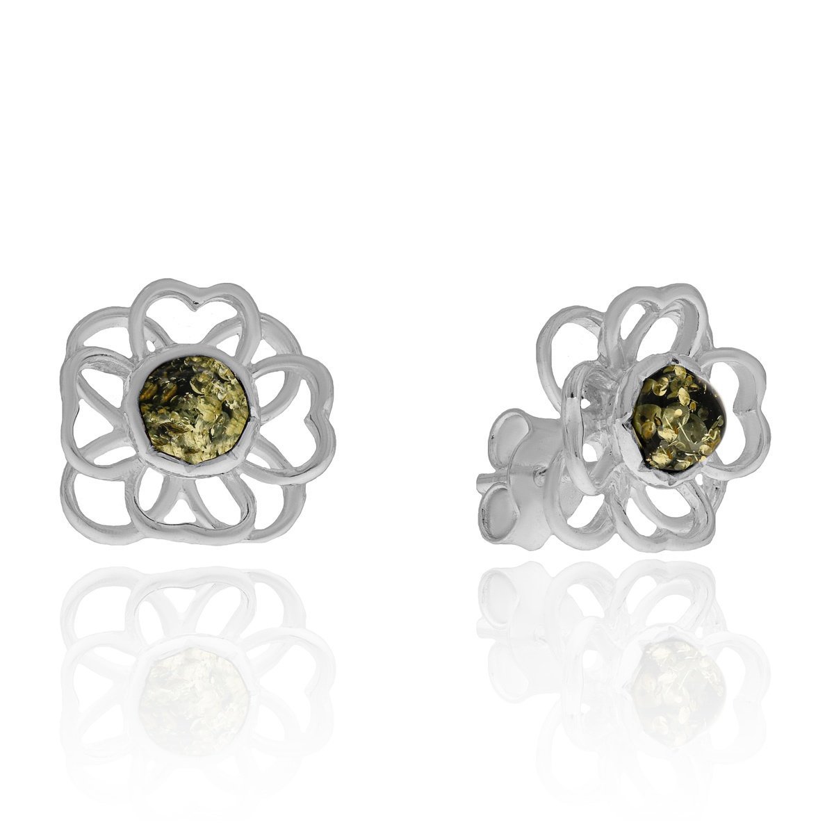 Srebrne kolczyki z bursztynem sztyft kwiat pr. 925