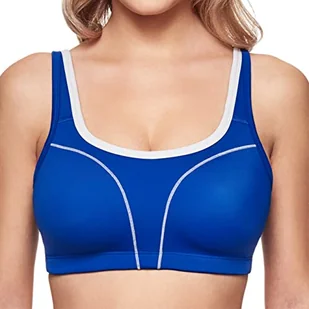 SUSA Sportowy biustonosz damski High Support I damski biustonosz bez fiszbin z uformowanymi miseczkami I sportowy biustonosz crop top z szarym obszyciem I mocne trzymanie I odporny na pot, niebieski - Koszulki i topy damskie - miniaturka - grafika 1