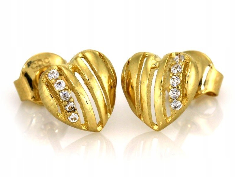 Kolczyki złote 375 ażurowe serca na sztyfcie zdobione cyrkoniami prezent